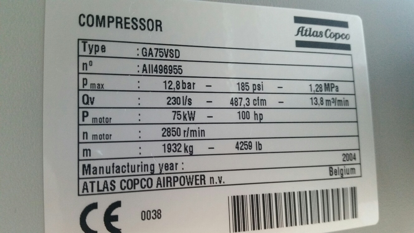Kompresor śrubowy Atlas Copco GA 75VSD FF